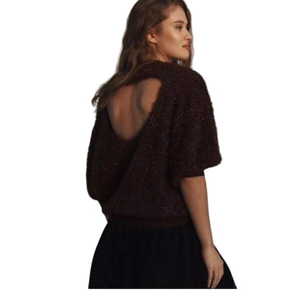 Anthropologie Maeve Violetta brown short sleeve tinsel open back sweater SIZE M - Picture 2 of 7